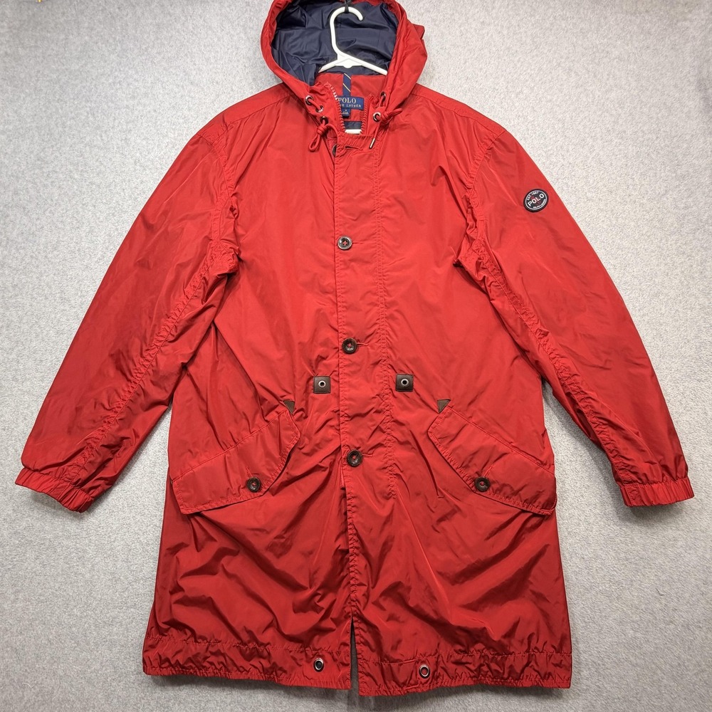 Polo Ralph Lauren Coat Mens Medium Red Hooded Nylon Parka Fishtail Zip Pockets